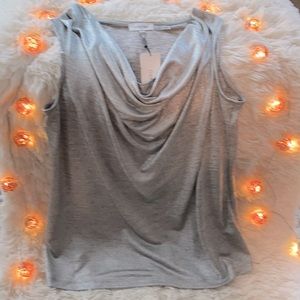Silver sleeveless low cowl neck draped top